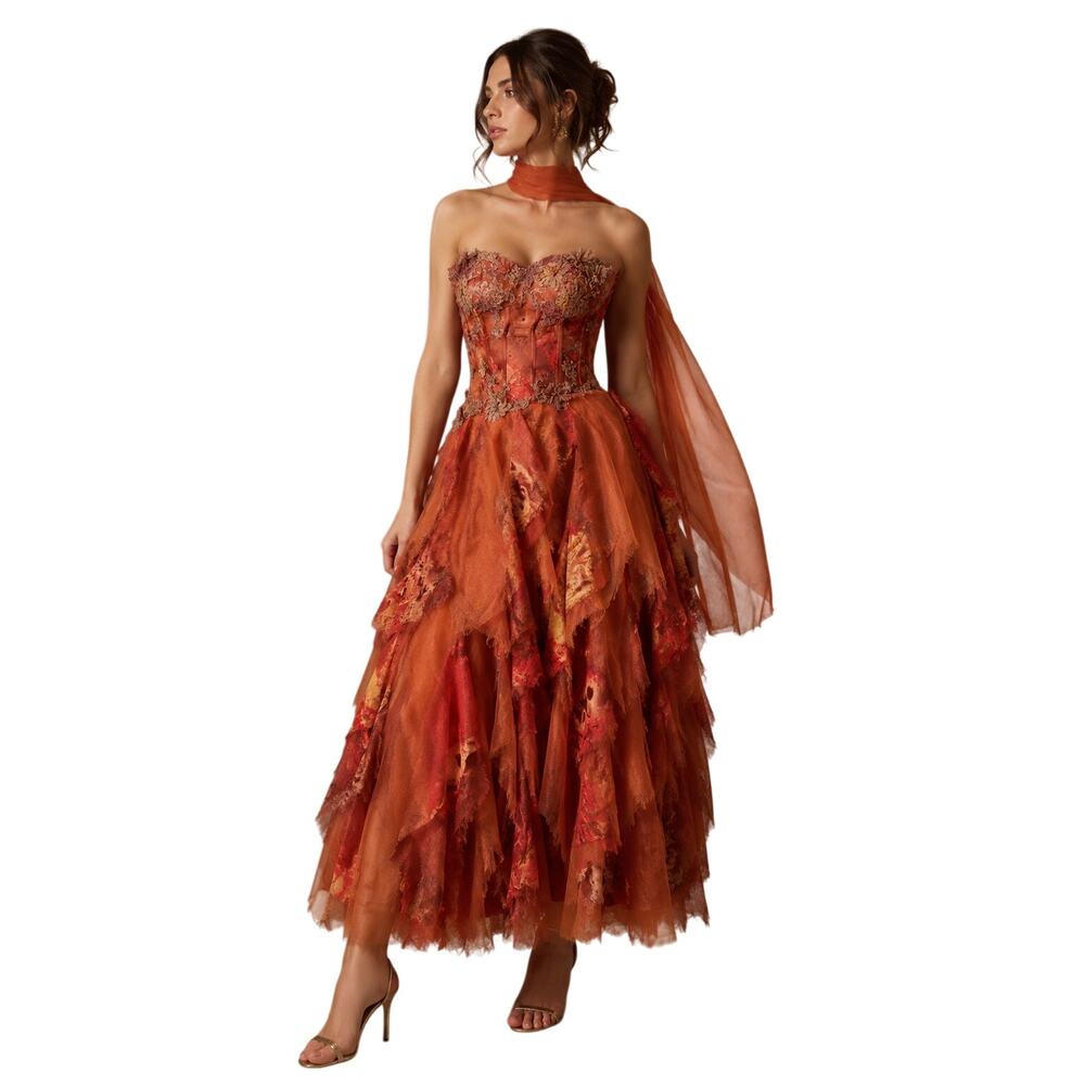 *MISSING BRAND & SIZE TAG* Strapless Lace Appliqué Corset Layered Tulle Gown